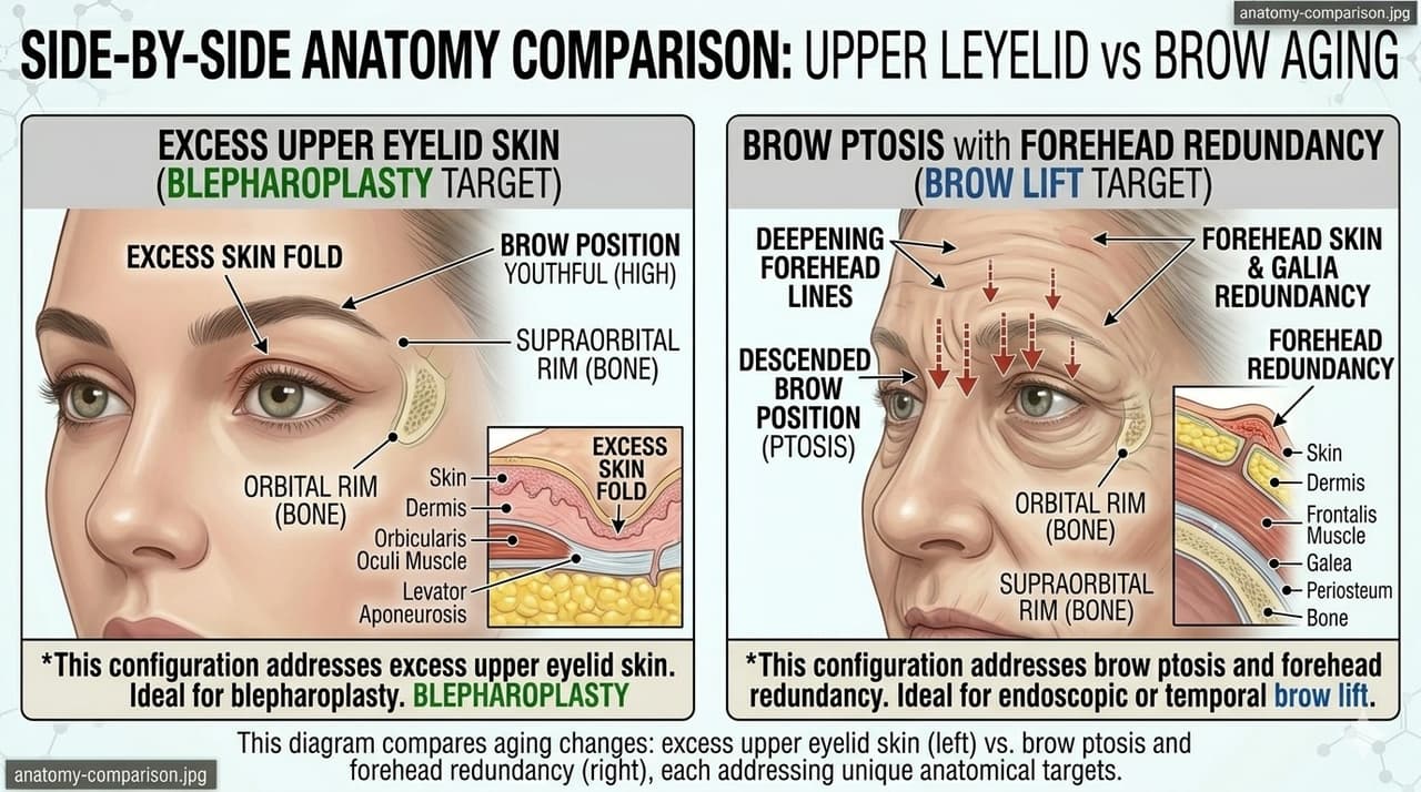 Side-by-side anatomical illustration showing dermatochalasis with normal brow position versus brow ptosis with normal eyelid skin