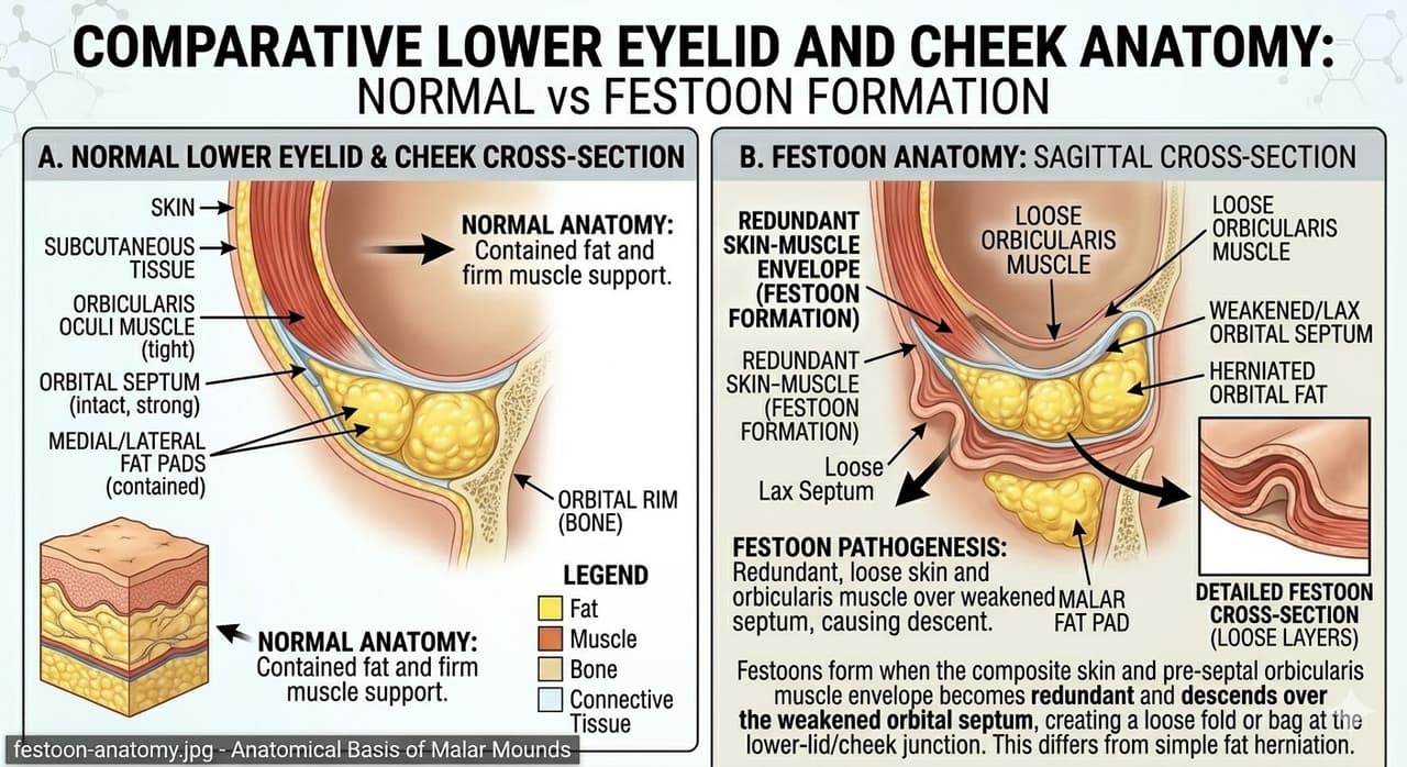 Anatomical diagram showing festoons and malar mounds at the lid-cheek junction