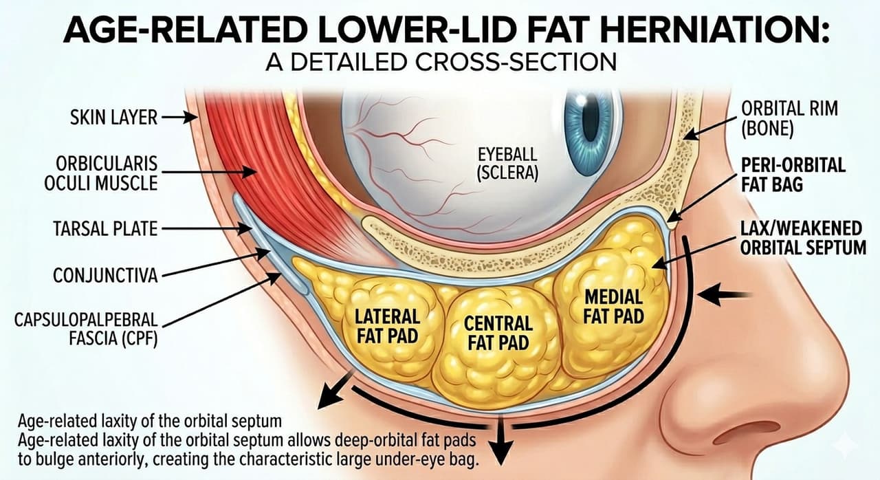 Lower eyelid fat pad herniation creating bags and tear trough deformity